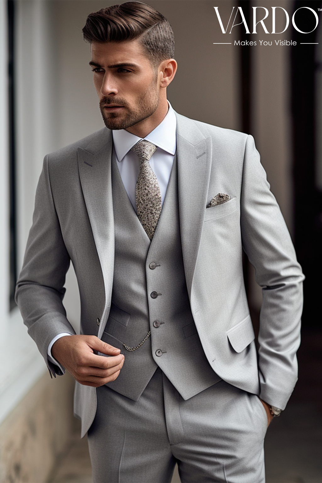 Stylish Light Grey Three Piece Suit for Men Vardo Suits