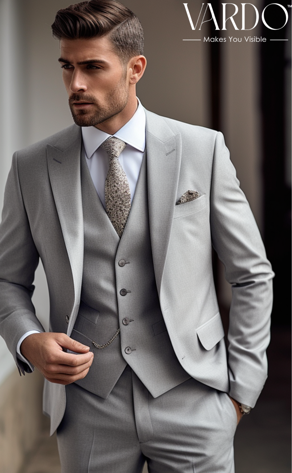Stylish Light Grey Three-Piece Suit for Men