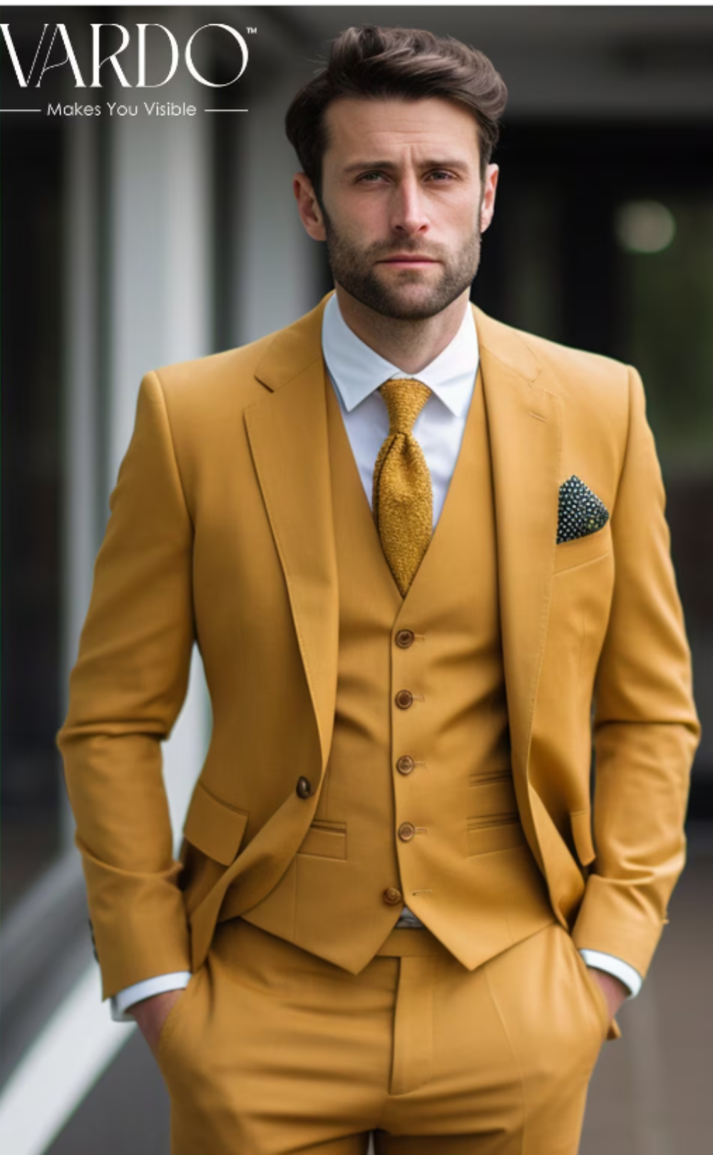 Elegant Mustard Yellow Three-Piece Suit for Men - Tailored Fit, The Rising Sun store, Vardo