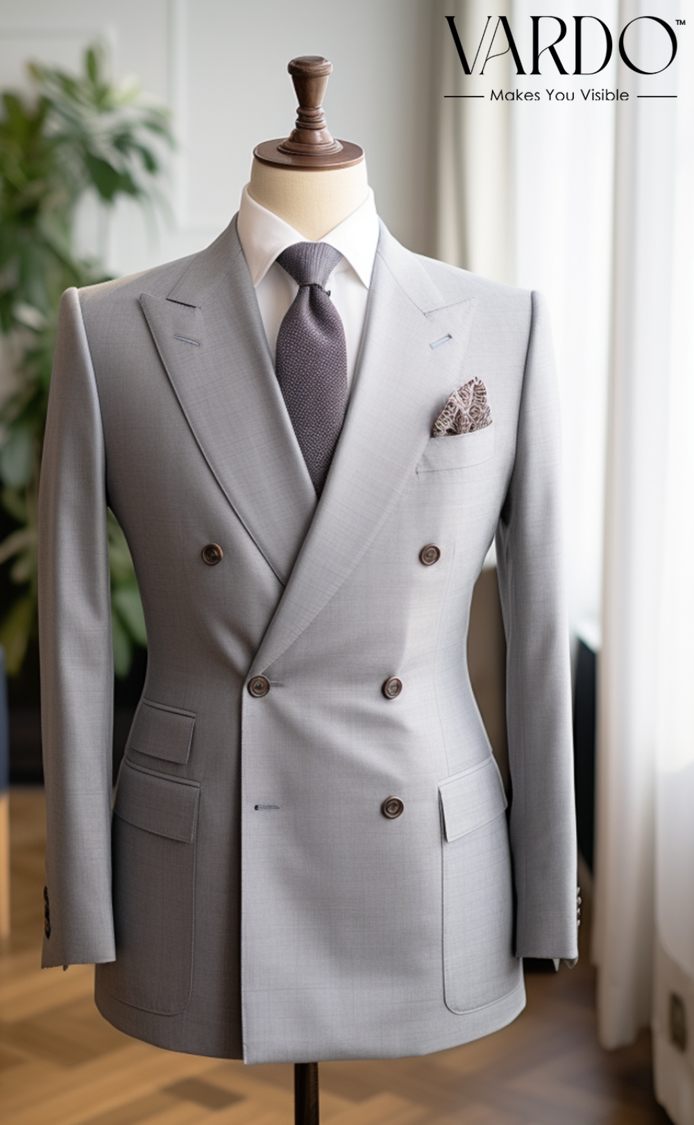 Stylish Men's Light Grey Double Breasted Suit