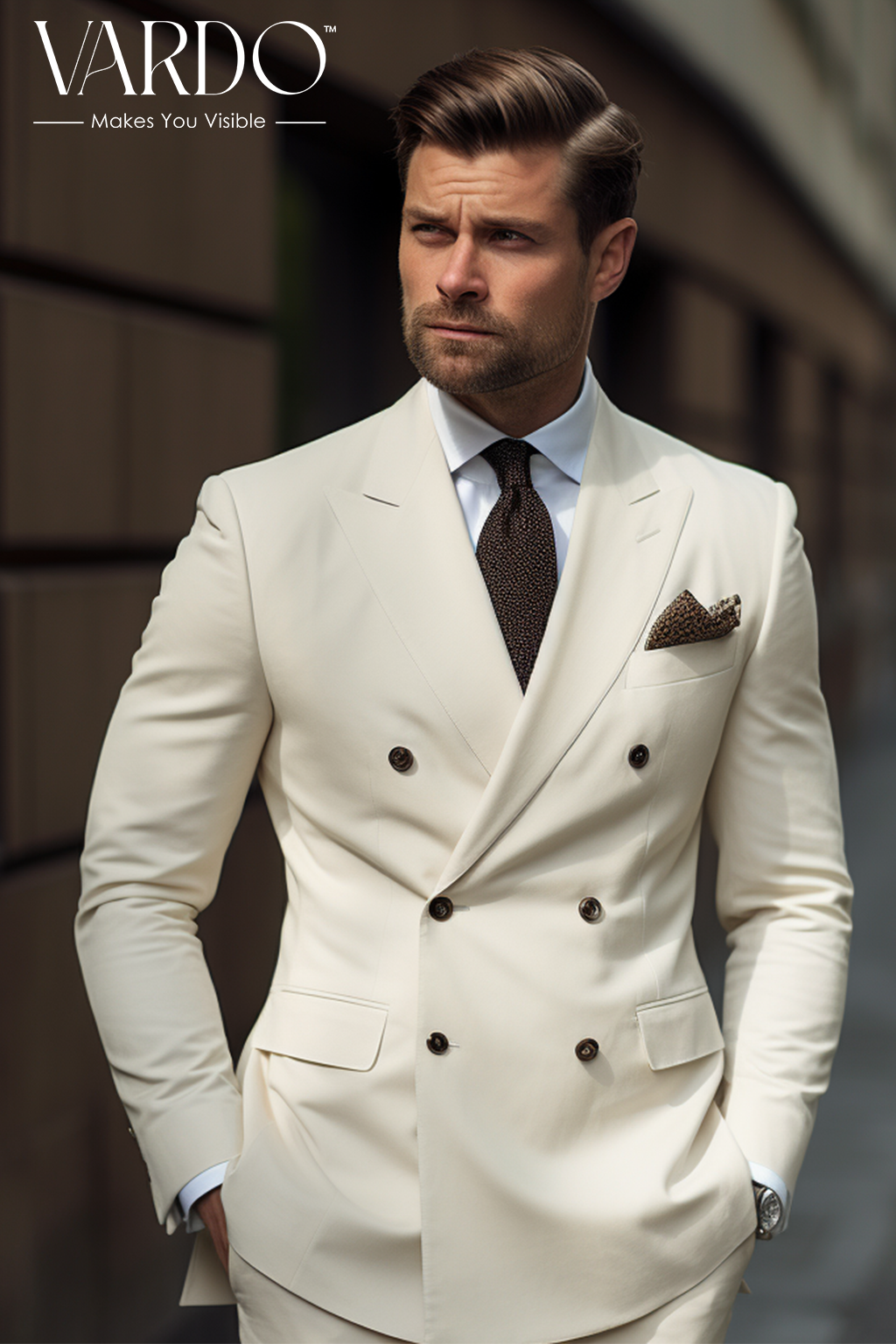 Cream Color Double Breasted Suit for Men Vardo Suits