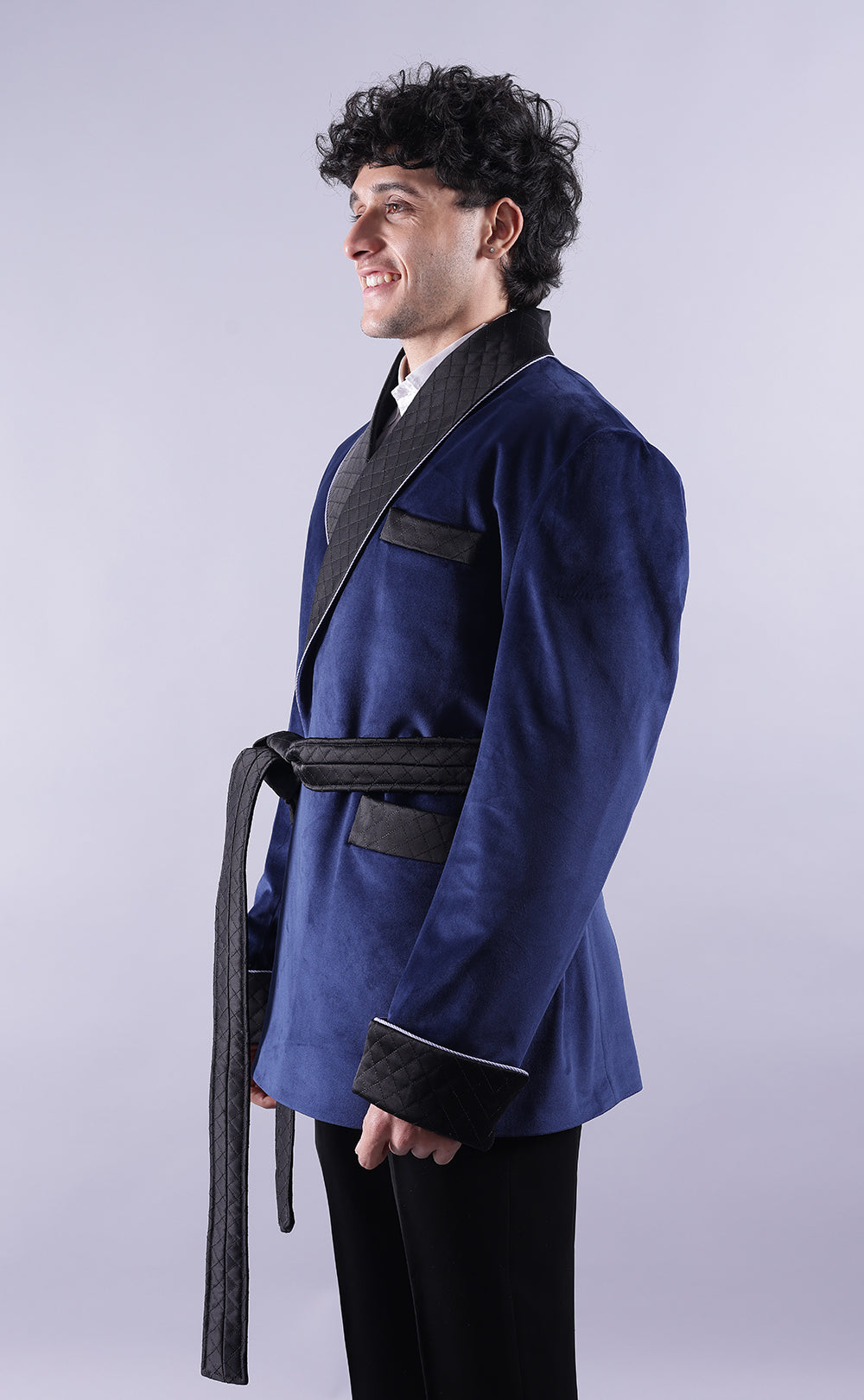 Men’s Navy Blue Velvet Smoking Jacket - Luxury Formal Wear, Elegant Dinner Blazer