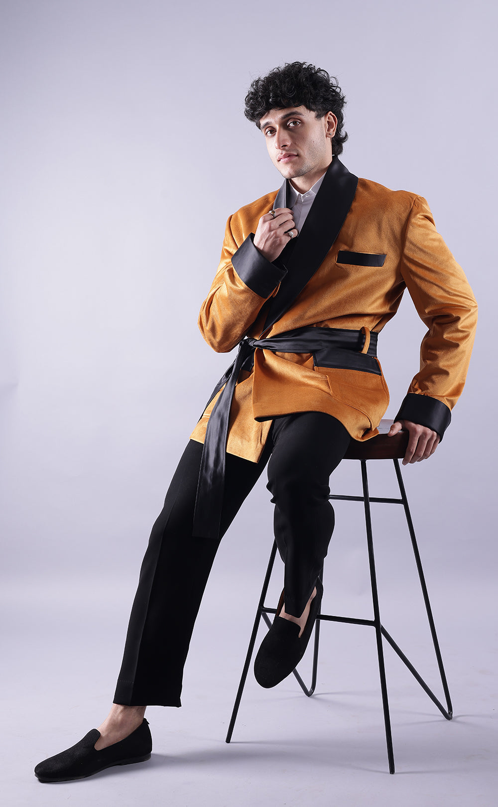 Men’s Golden Velvet Smoking Jacket - Luxury Formal Wear, Elegant Evening Blazer