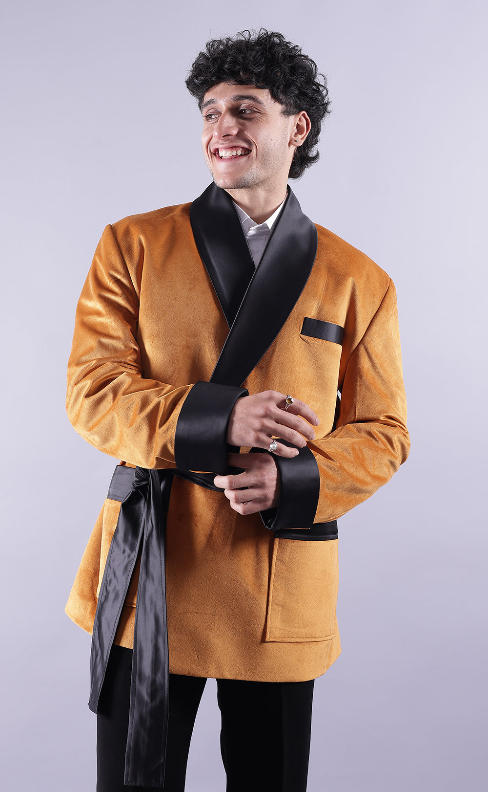 Men’s Golden Velvet Smoking Jacket - Luxury Formal Wear, Elegant Evening Blazer