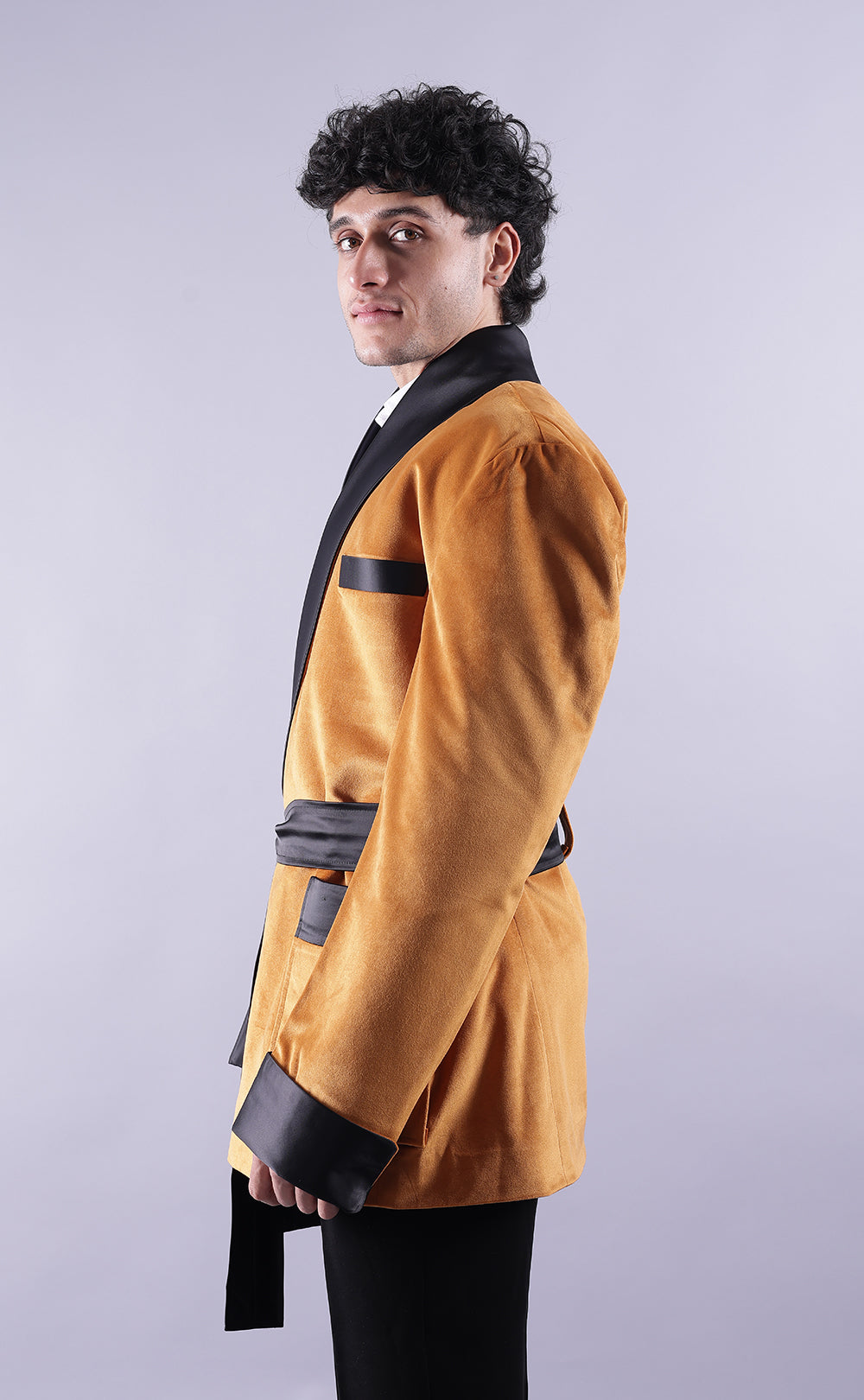 Men’s Golden Velvet Smoking Jacket - Luxury Formal Wear, Elegant Evening Blazer