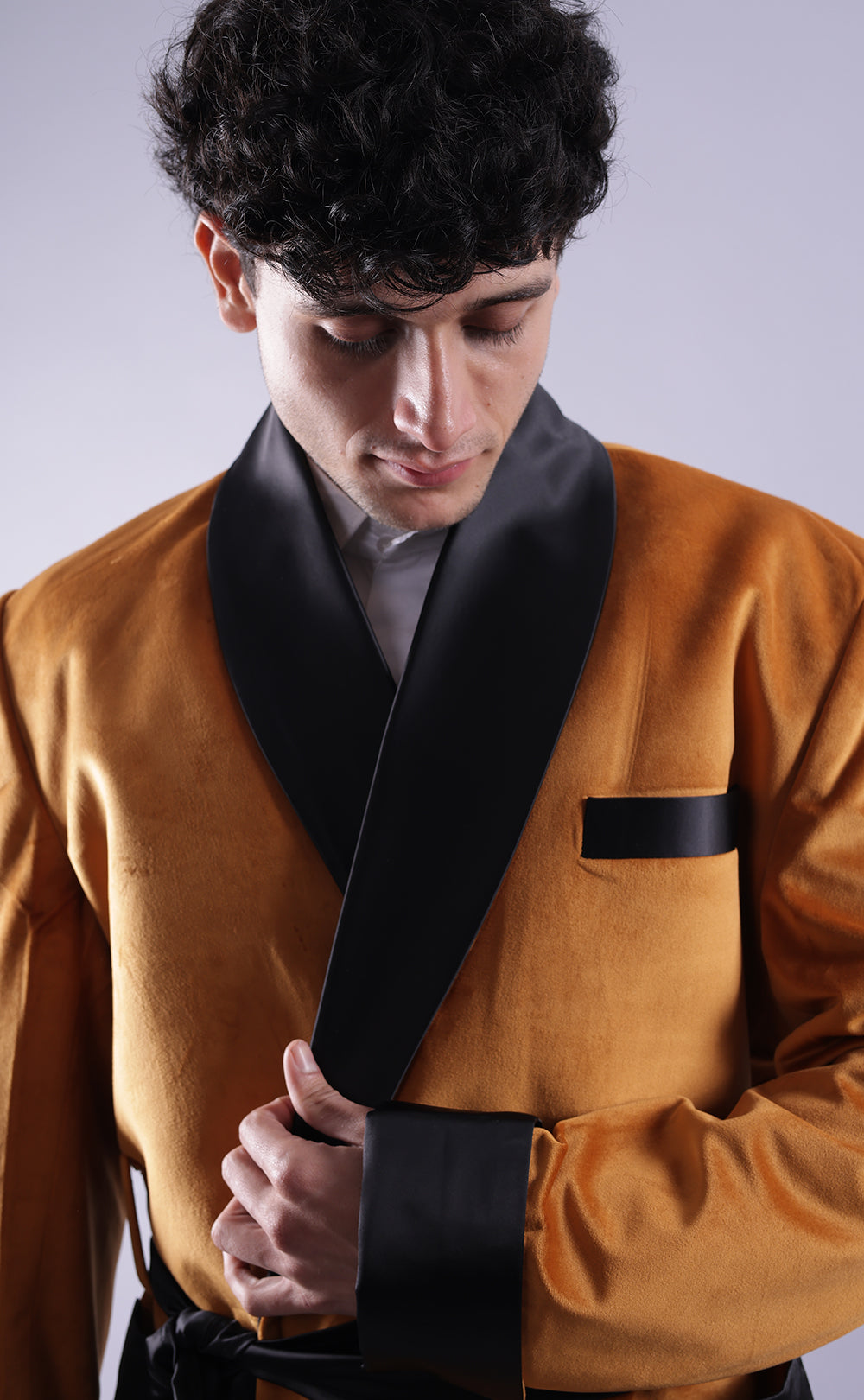 Men’s Golden Velvet Smoking Jacket - Luxury Formal Wear, Elegant Evening Blazer