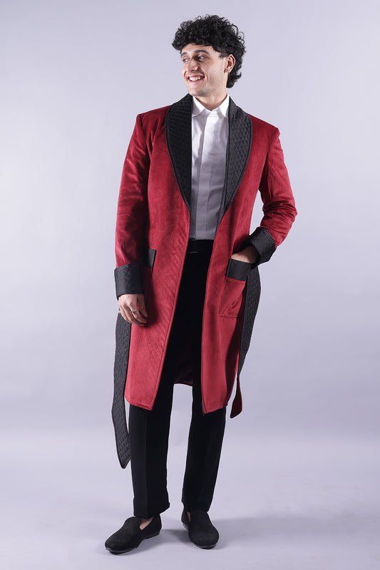 Men’s Long Red Velvet Smoking Jacket - Luxury Formal Wear, Elegant Evening Coat