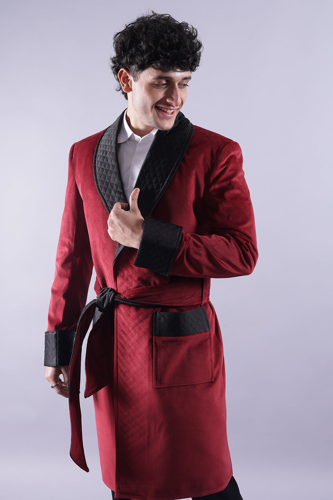 Men’s Long Red Velvet Smoking Jacket - Luxury Formal Wear, Elegant Evening Coat