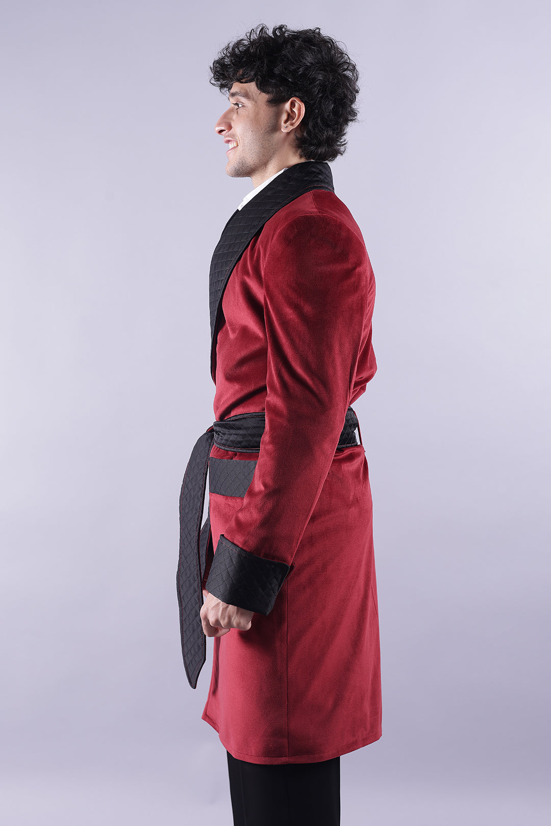 Men’s Long Red Velvet Smoking Jacket - Luxury Formal Wear, Elegant Evening Coat