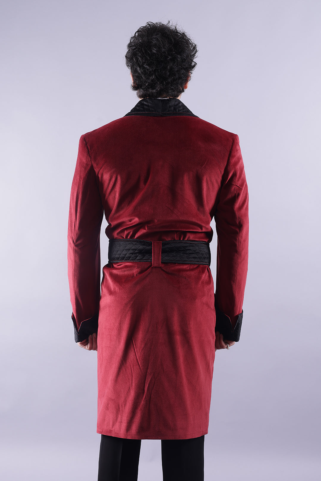 Men’s Long Red Velvet Smoking Jacket - Luxury Formal Wear, Elegant Evening Coat