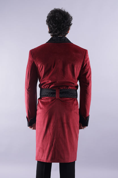 Men’s Long Red Velvet Smoking Jacket - Luxury Formal Wear, Elegant Evening Coat