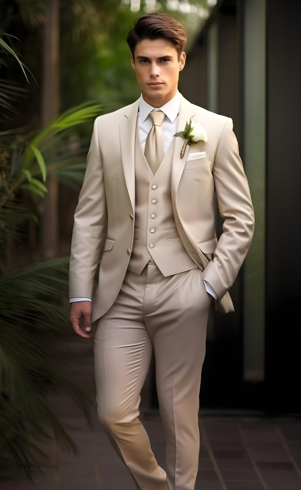 Chic Champagne Men's Three-Piece Suit - Sophisticated Business and Formal Attire
