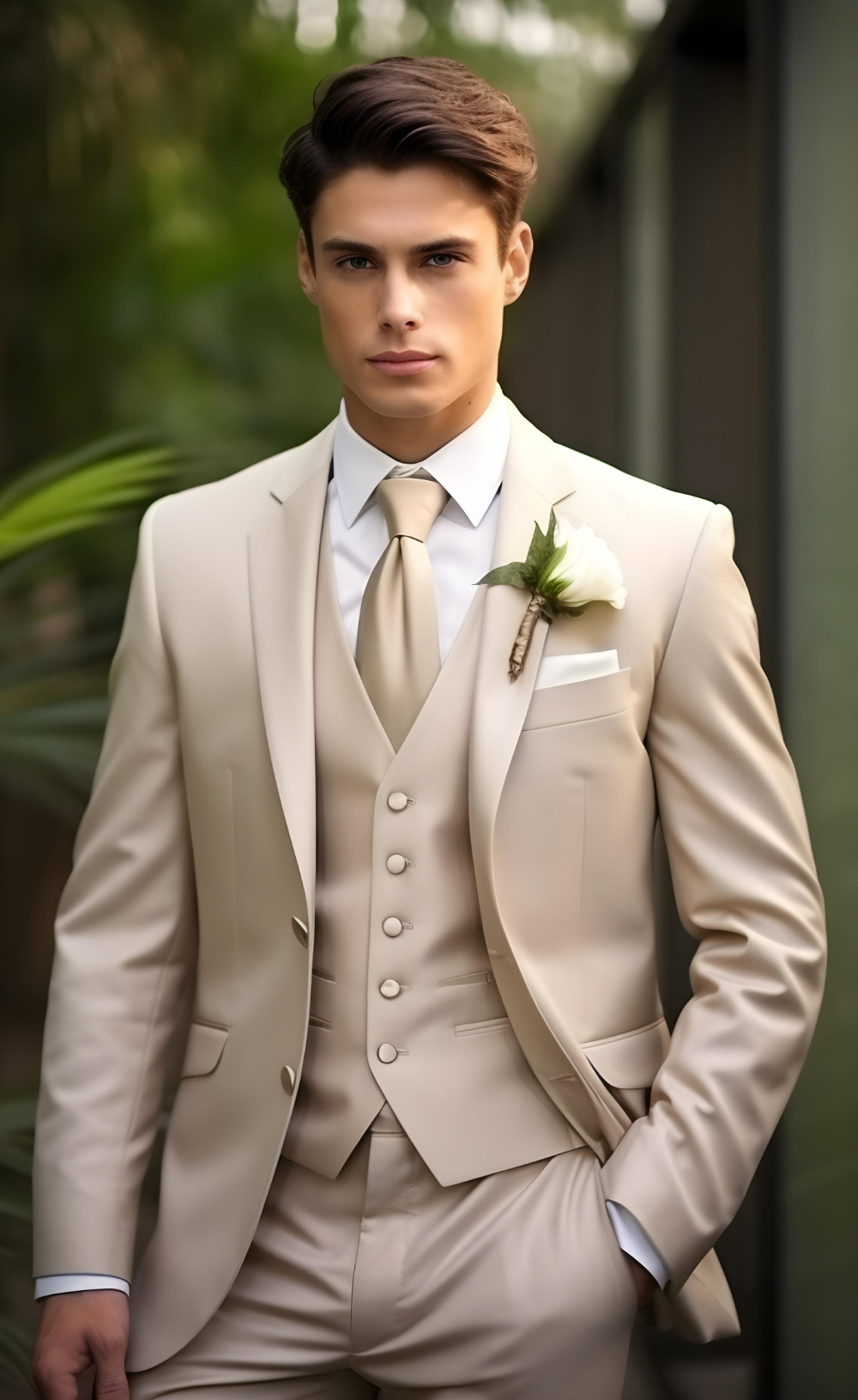 Chic Champagne Men's Three-Piece Suit - Sophisticated Business and Formal Attire