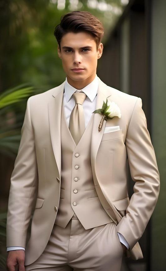Chic Champagne Men's Three-Piece Suit - Sophisticated Business and Formal Attire