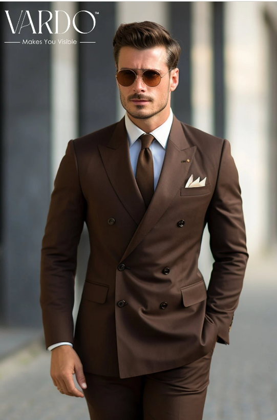 Classic Style Chocolate Brown Double Breasted Suit for Men - Premium Quality, Elegant Look - Tailored Suit - The Rising Sun store, Vardo