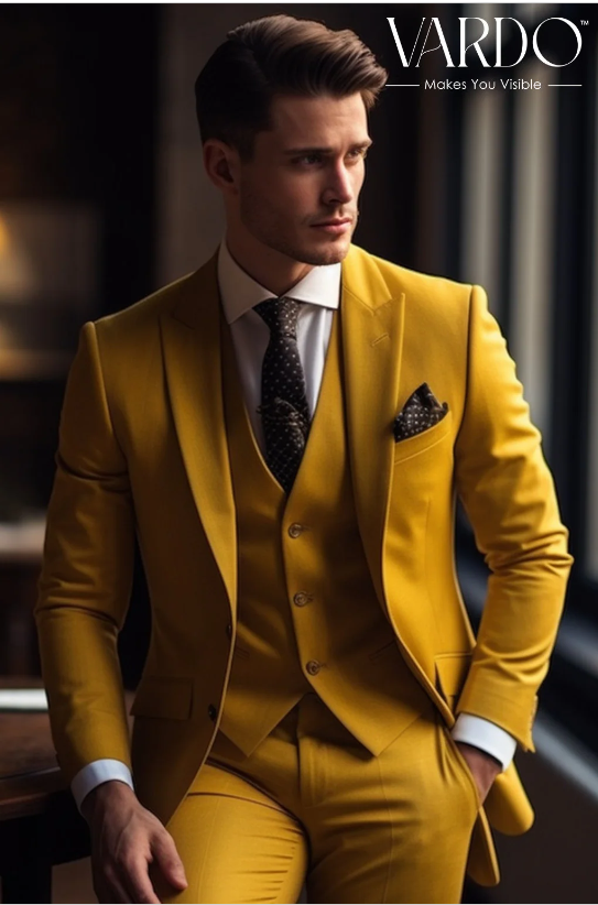 Mustard Yellow Three-Piece Suit for Men Tailored Fit, The Rising Sun store, Vardo