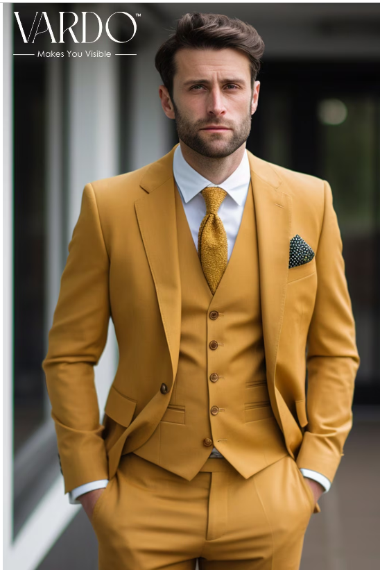 Elegant Mustard Yellow Three-Piece Suit for Men -  Tailored Fit, The Rising Sun store, Vardo