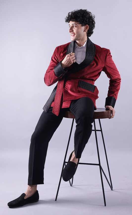 Men’s Red Velvet Smoking Jacket - Luxury Formal Attire, Elegant Dinner Blazer