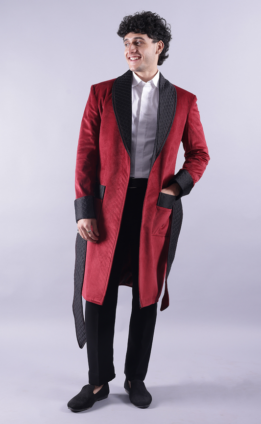 Men’s Long Red Velvet Smoking Jacket - Luxury Formal Wear, Elegant Evening Coat