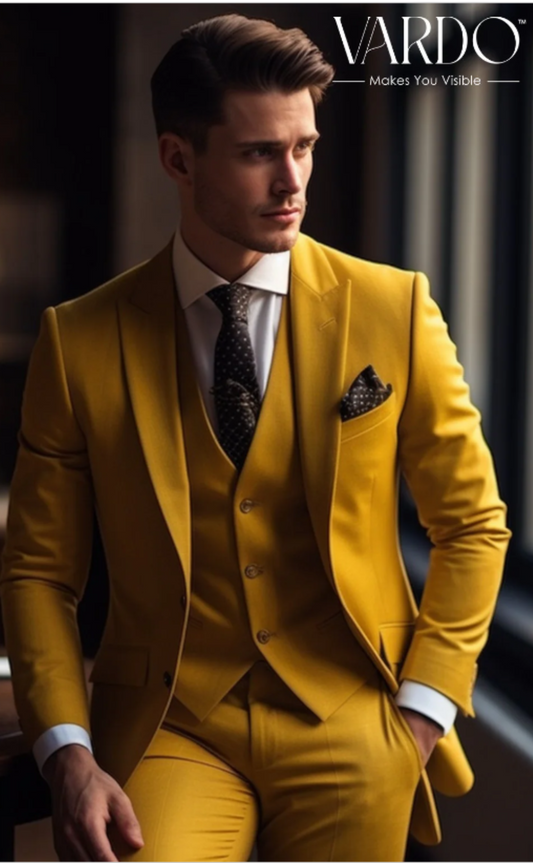 Mustard Yellow Three-Piece Suit for Men Tailored Fit, The Rising Sun store, Vardo