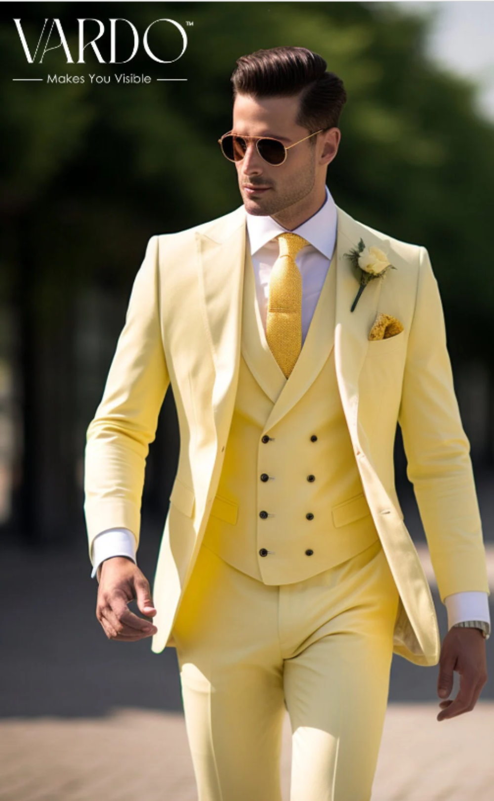 Classic Elegance: Light Yellow Three-Piece Suit for Men Tailored Fit, The Rising Sun store, Vardo