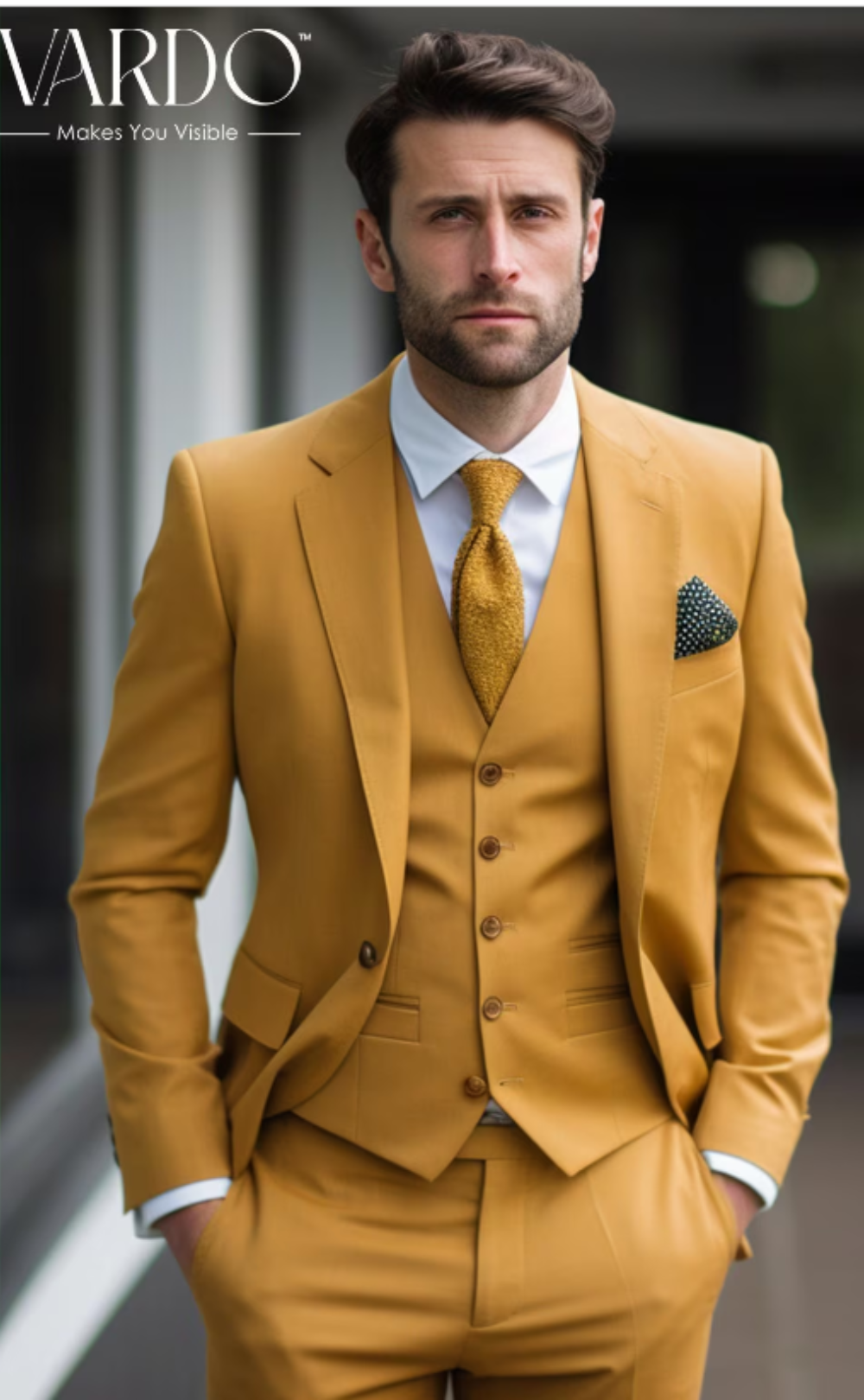 Elegant Mustard Yellow Three-Piece Suit for Men -  Tailored Fit, The Rising Sun store, Vardo