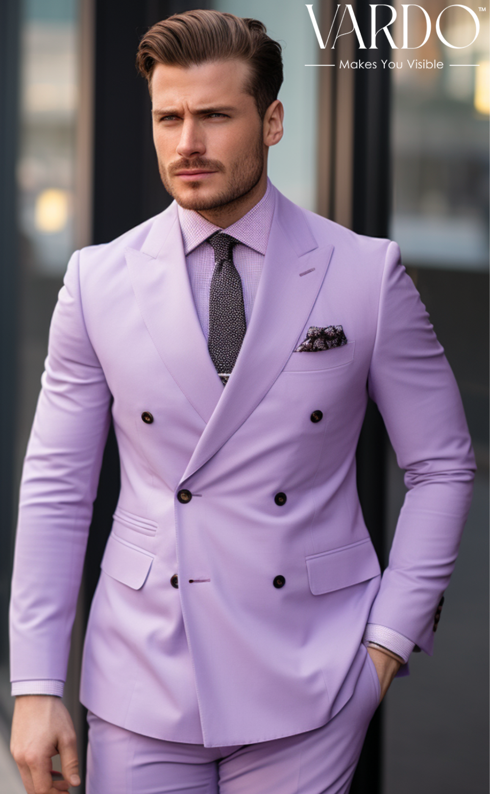 Sophisticated Elegance Light Purple Double Breasted Suit for Men