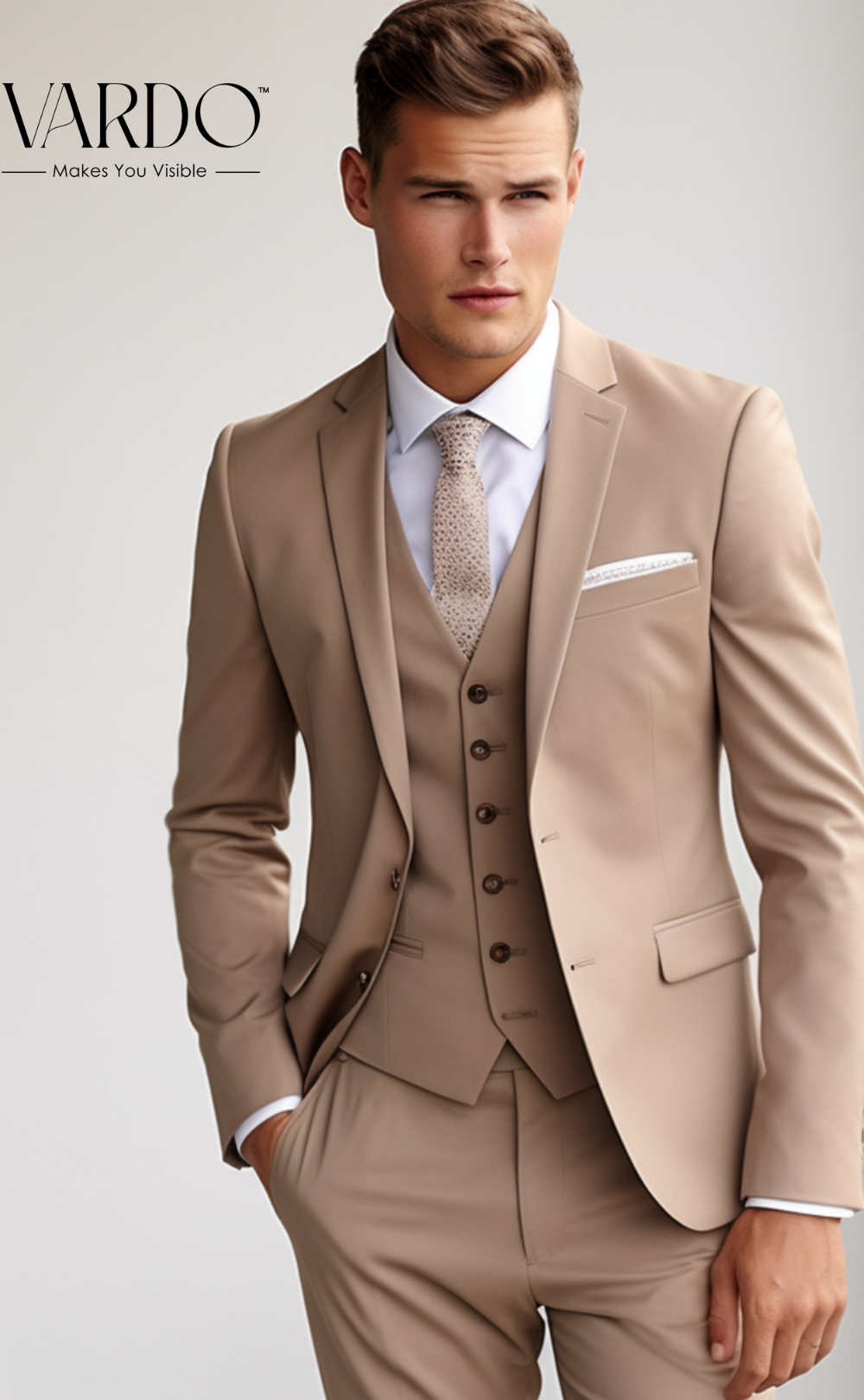 Men's Light Brown Notch Lapel 3-Piece Suit - Sophisticated Tailored Fit Business Suit - Unique Formal Attire