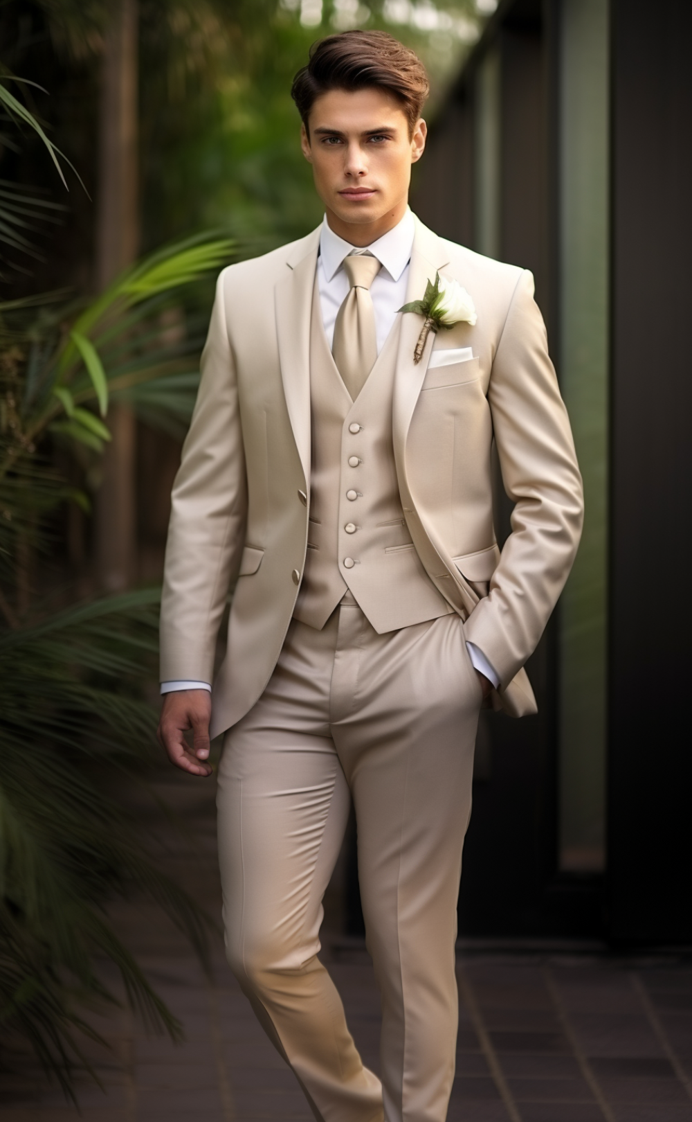 Chic Champagne Men's Three-Piece Suit - Sophisticated Business and Formal Attire