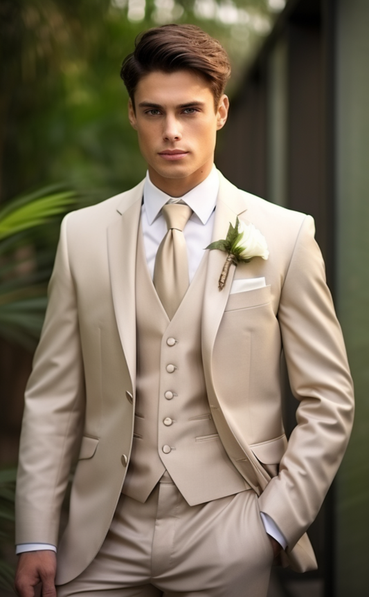 Chic Champagne Men's Three-Piece Suit - Sophisticated Business and Formal Attire