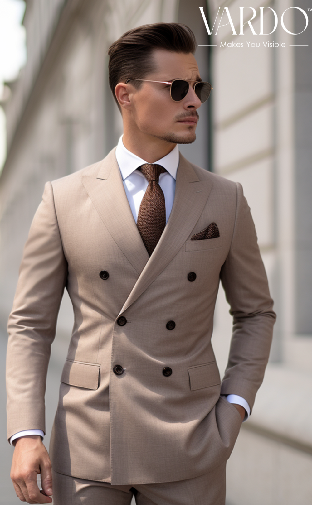 Classic Light Brown Double Breasted Suit for Men