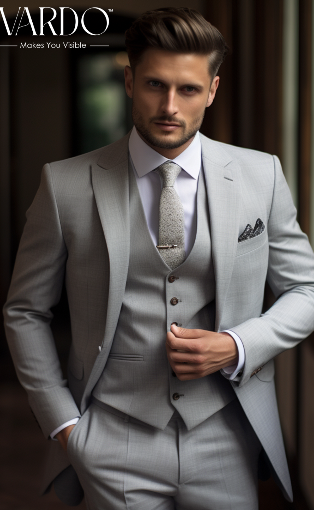 Classic Light Grey Three Piece Suit for Men