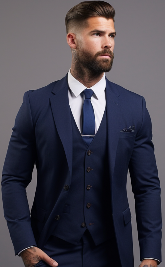 Classic Navy Blue Men's Three-Piece Notch Lapel Suit - Tailored Fit Formal Wear for Weddings, Business