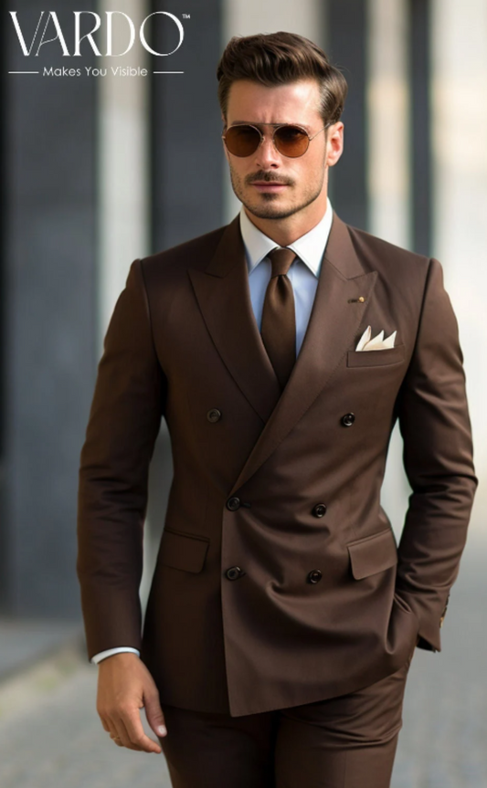 Classic Style Chocolate Brown Double Breasted Suit for Men - Premium Quality, Elegant Look - Tailored Suit - The Rising Sun store, Vardo