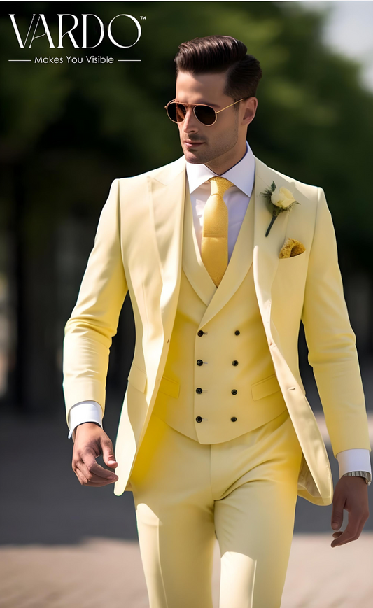 Classic Elegance: Light Yellow Three-Piece Suit for Men Tailored Fit, The Rising Sun store, Vardo