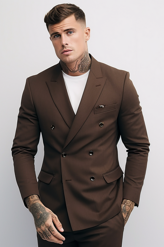 Men's Dark Brown Double-Breasted Suit - Sophisticated Business Attire - Luxurious Formal Wear